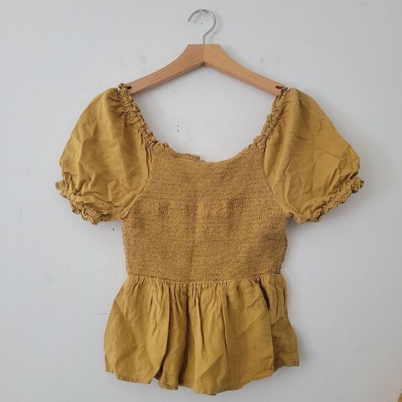 Old Navy Square Neck Smocked Puff Sleeve Top Mustard Yellow XS - Picture 2 of 6